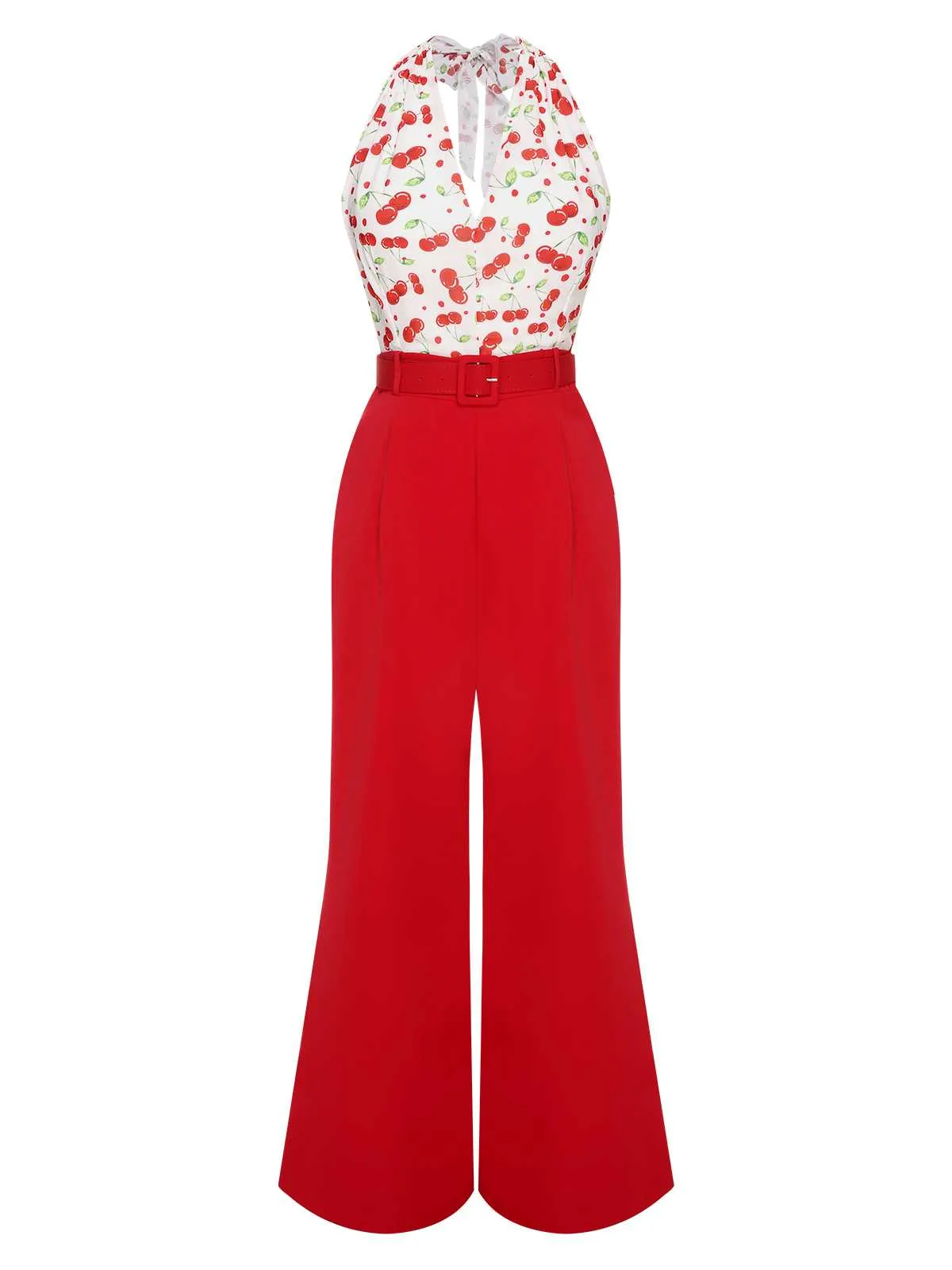 Red 1930s Cherry Belted Halter Jumpsuit