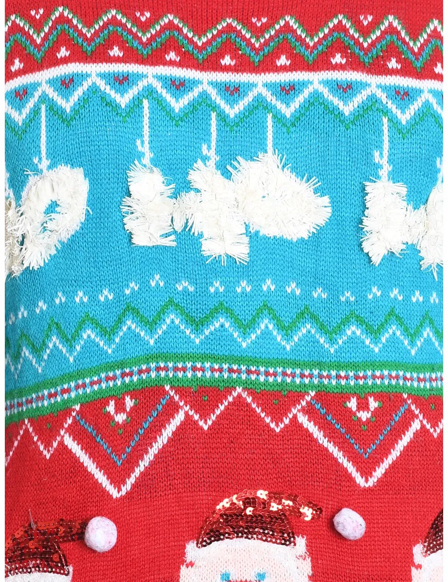 Red & Light Blue Patterned Christmas Jumper - L