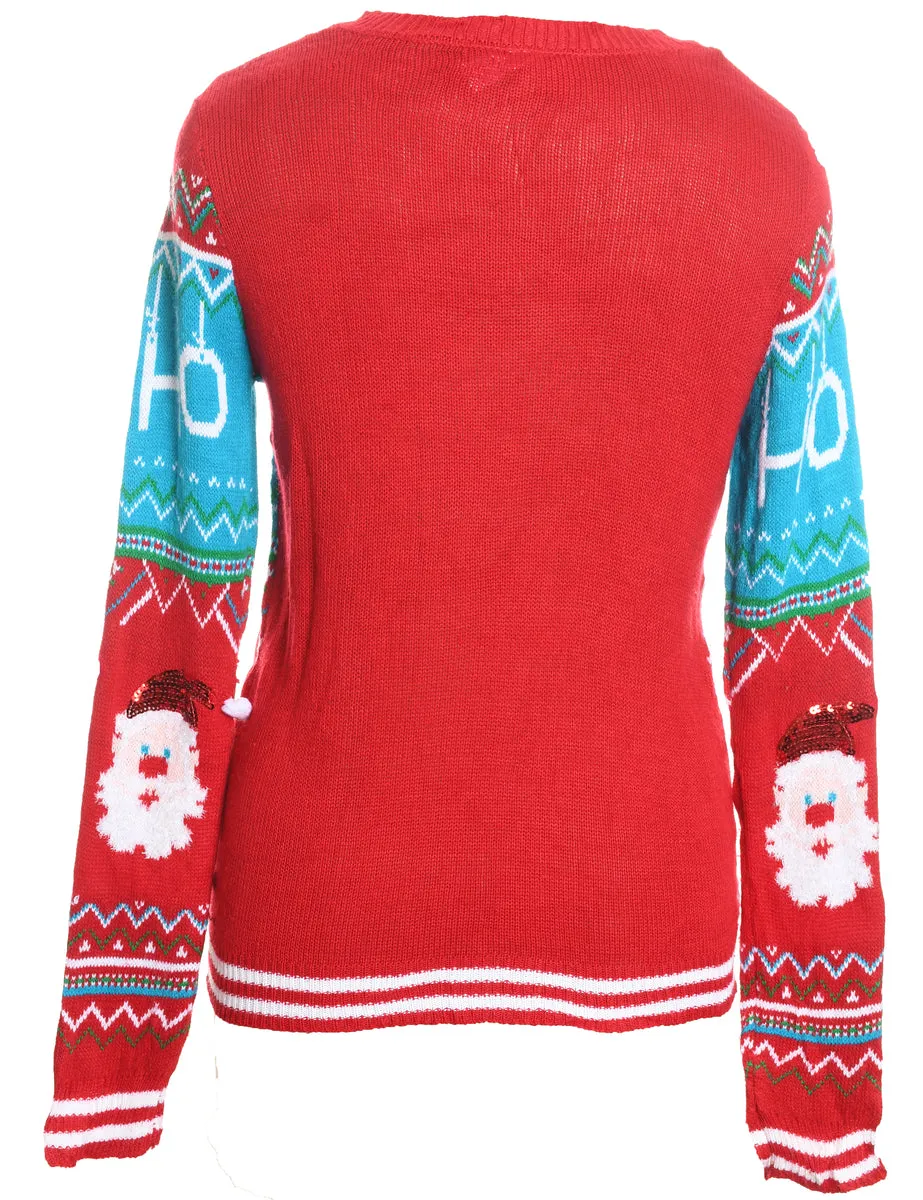 Red & Light Blue Patterned Christmas Jumper - L