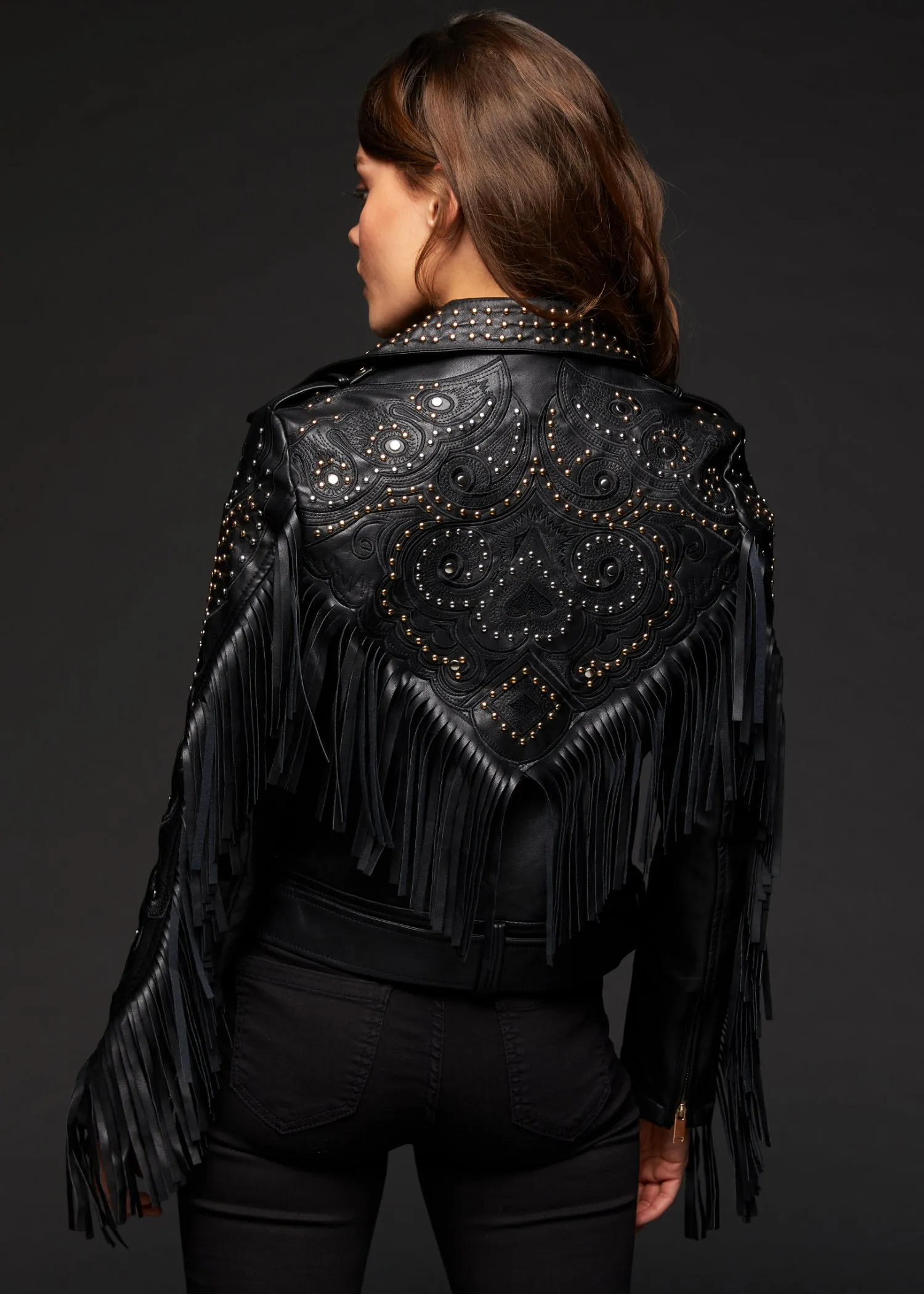 Riders in the Sky Vegan Leather Moto Jacket with Studs and Fringe