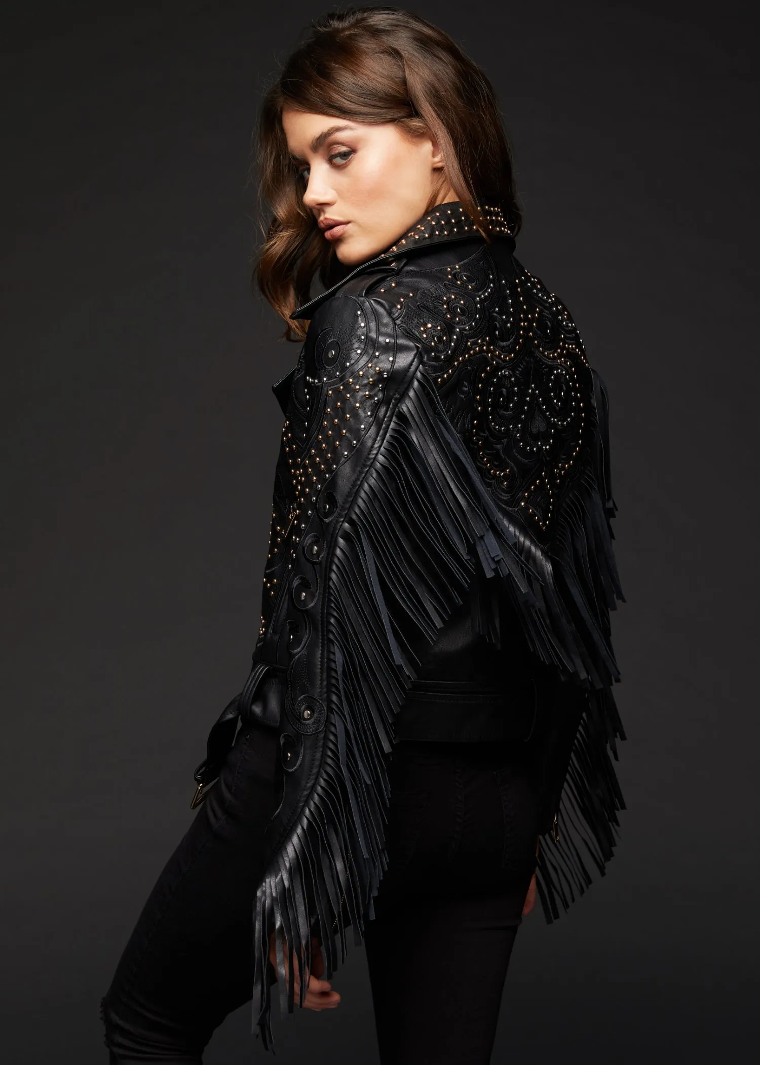 Riders in the Sky Vegan Leather Moto Jacket with Studs and Fringe