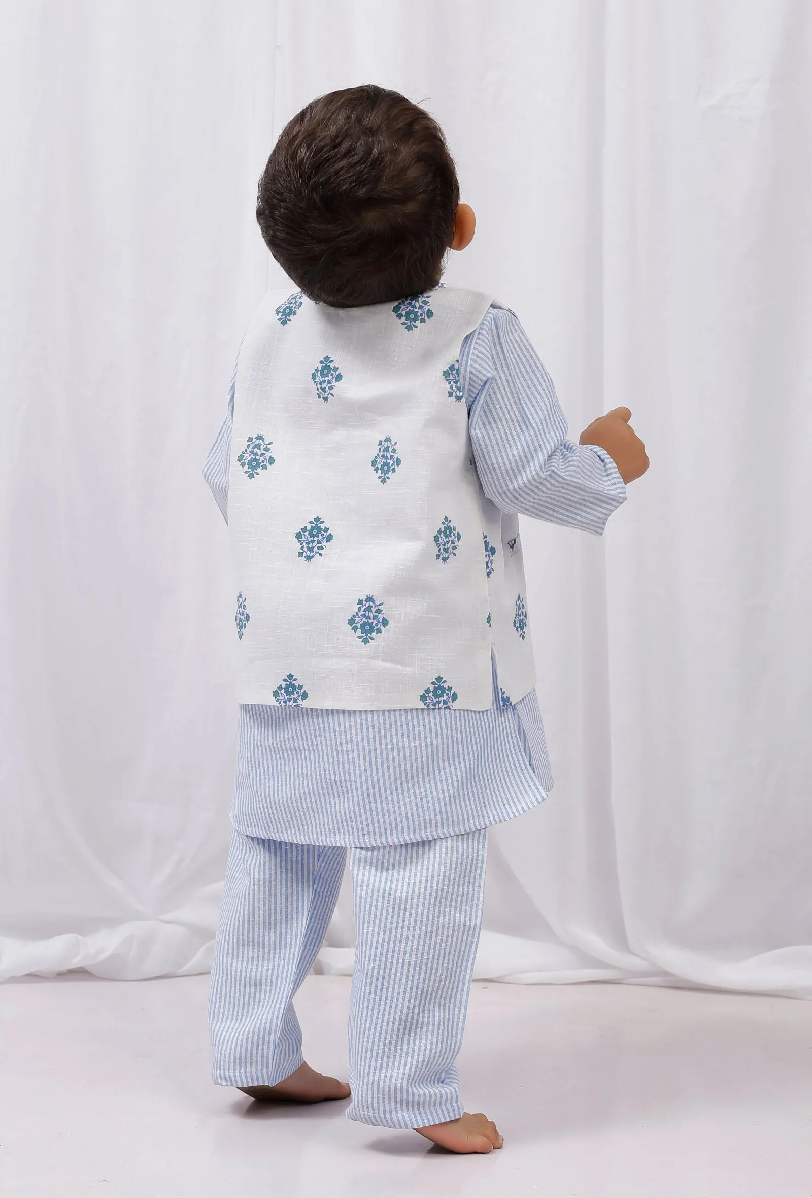 Set of 3: Blue striped Cotton Kurta and Pajama with White Nehru Jacket