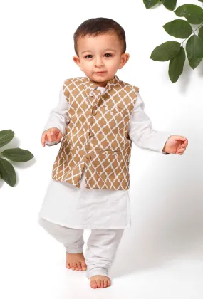 Set of 3 - Linus Brown Jacket with White Kurta Pyjama Set