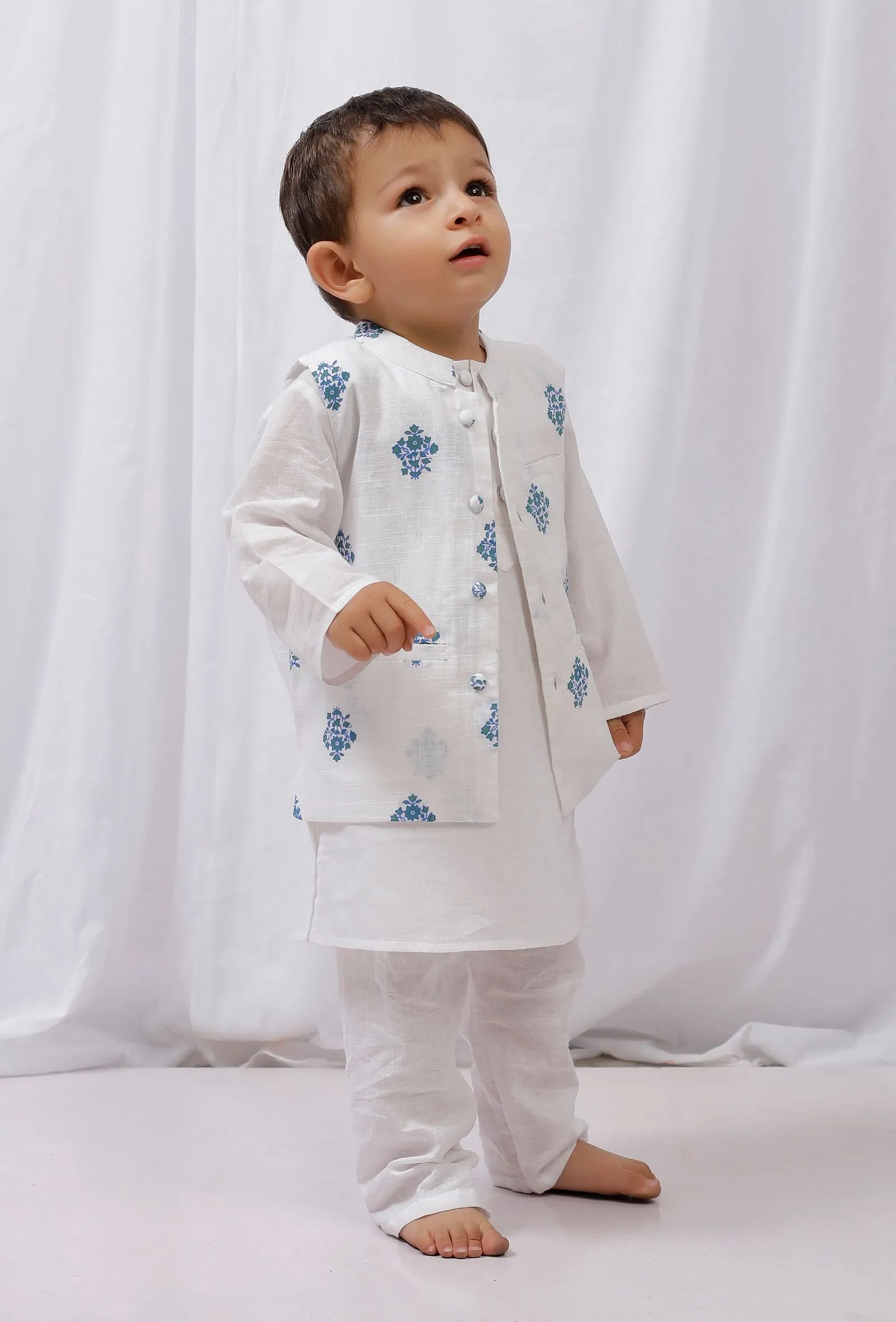 Set of 3: White Cotton Kurta and Pajama with Blue Block Printed Nehru Jacket