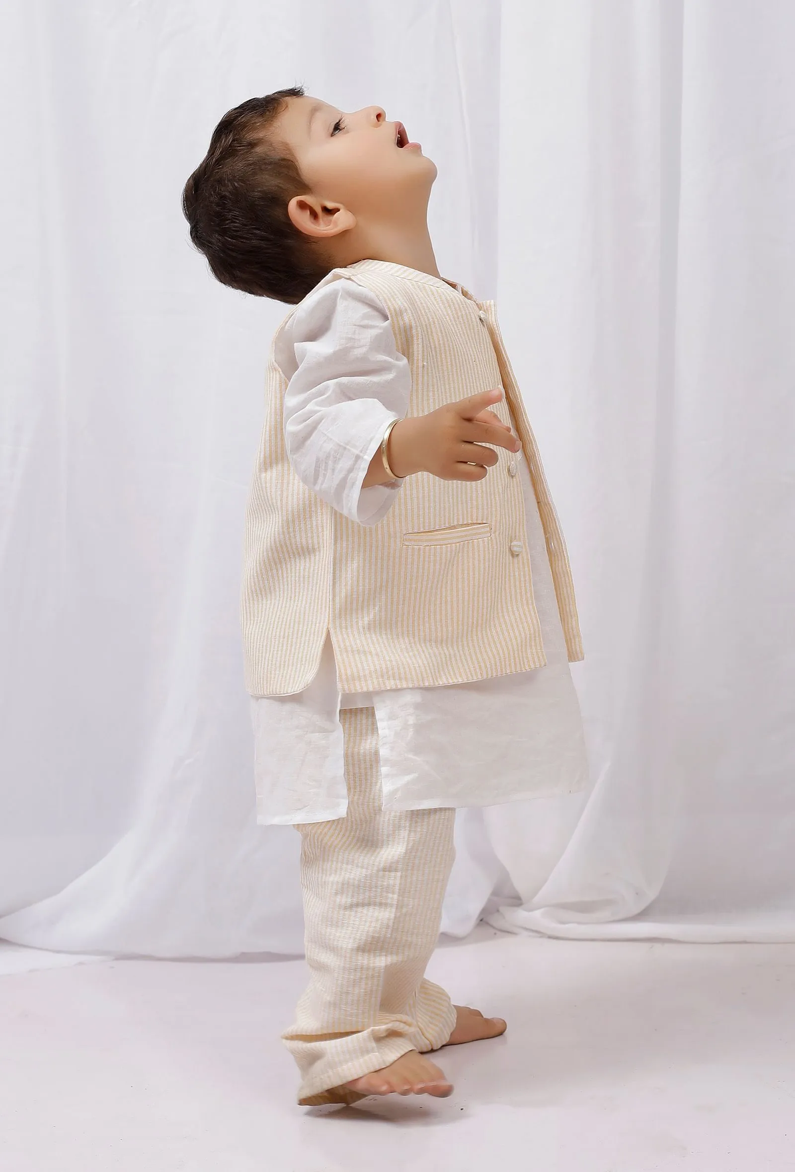 Set of 3: White Cotton Kurta and Pajama with Yellow Striped Nehru Jacket