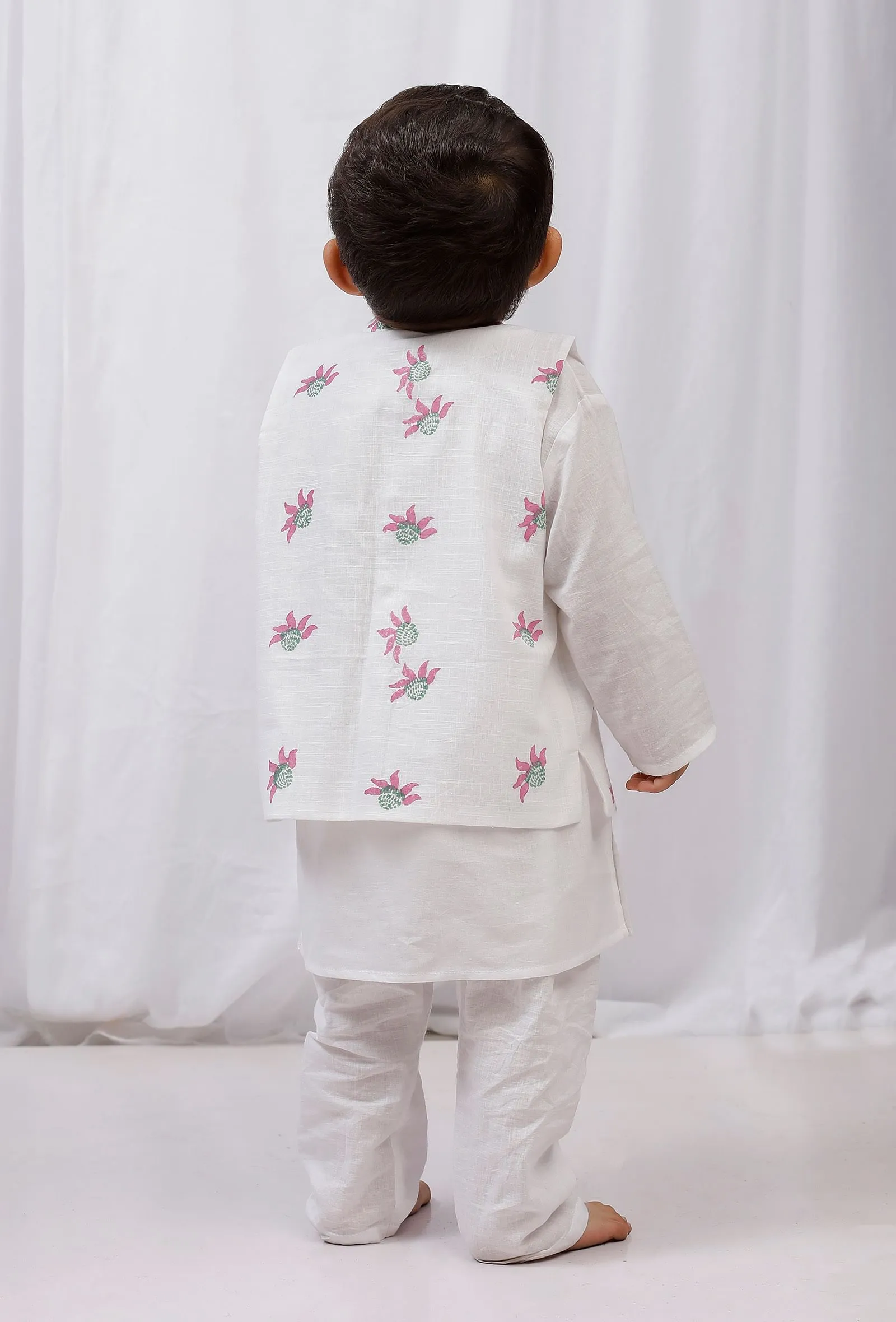 Set of 3: White striped Cotton Kurta and Pajama with Pink and Green Striped Nehru Jacket