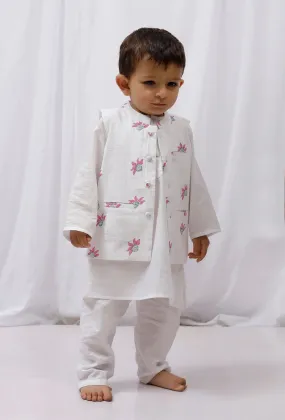 Set of 3: White striped Cotton Kurta and Pajama with Pink and Green Striped Nehru Jacket