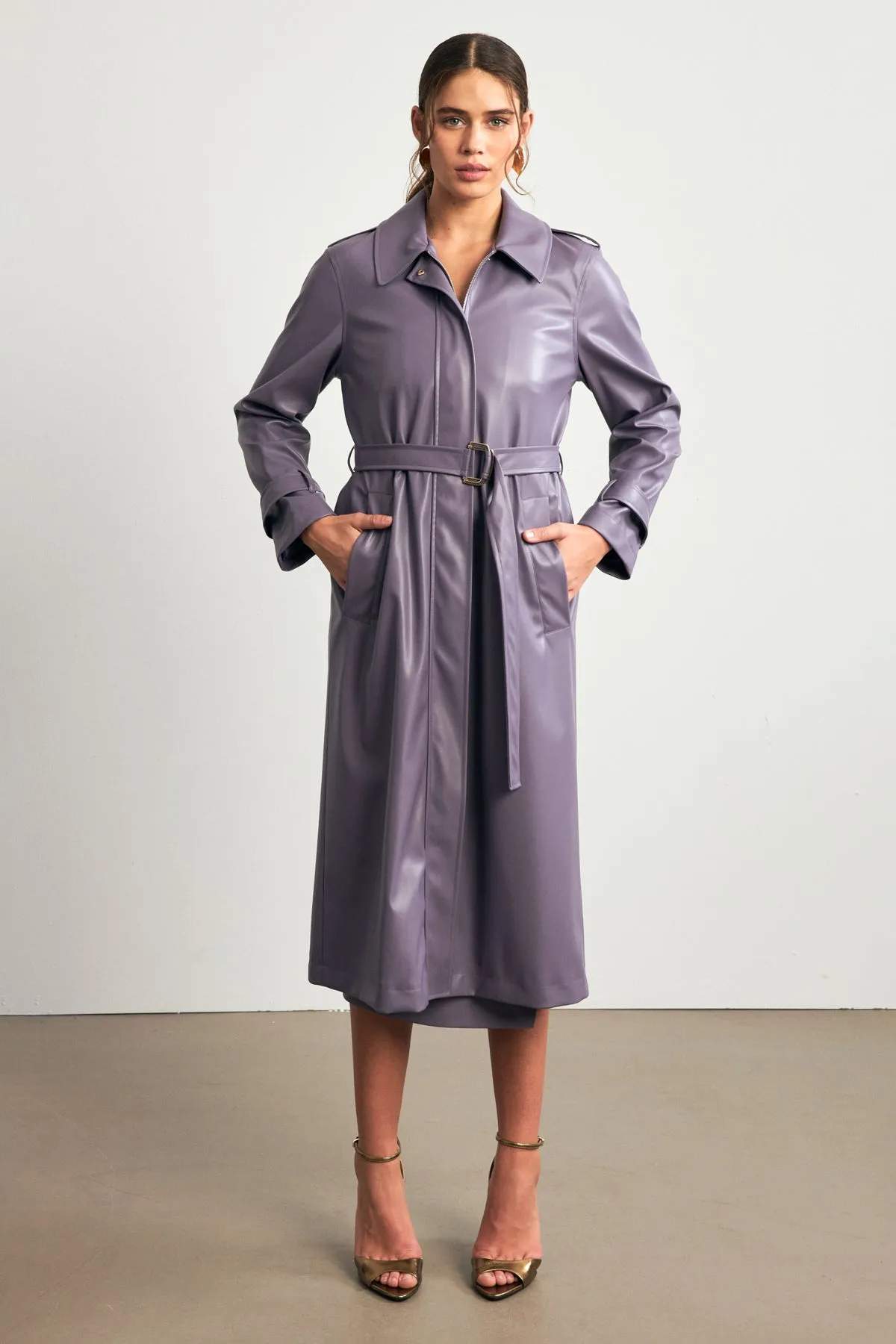 Setre Pu Belted Midi Trench Coat Purple