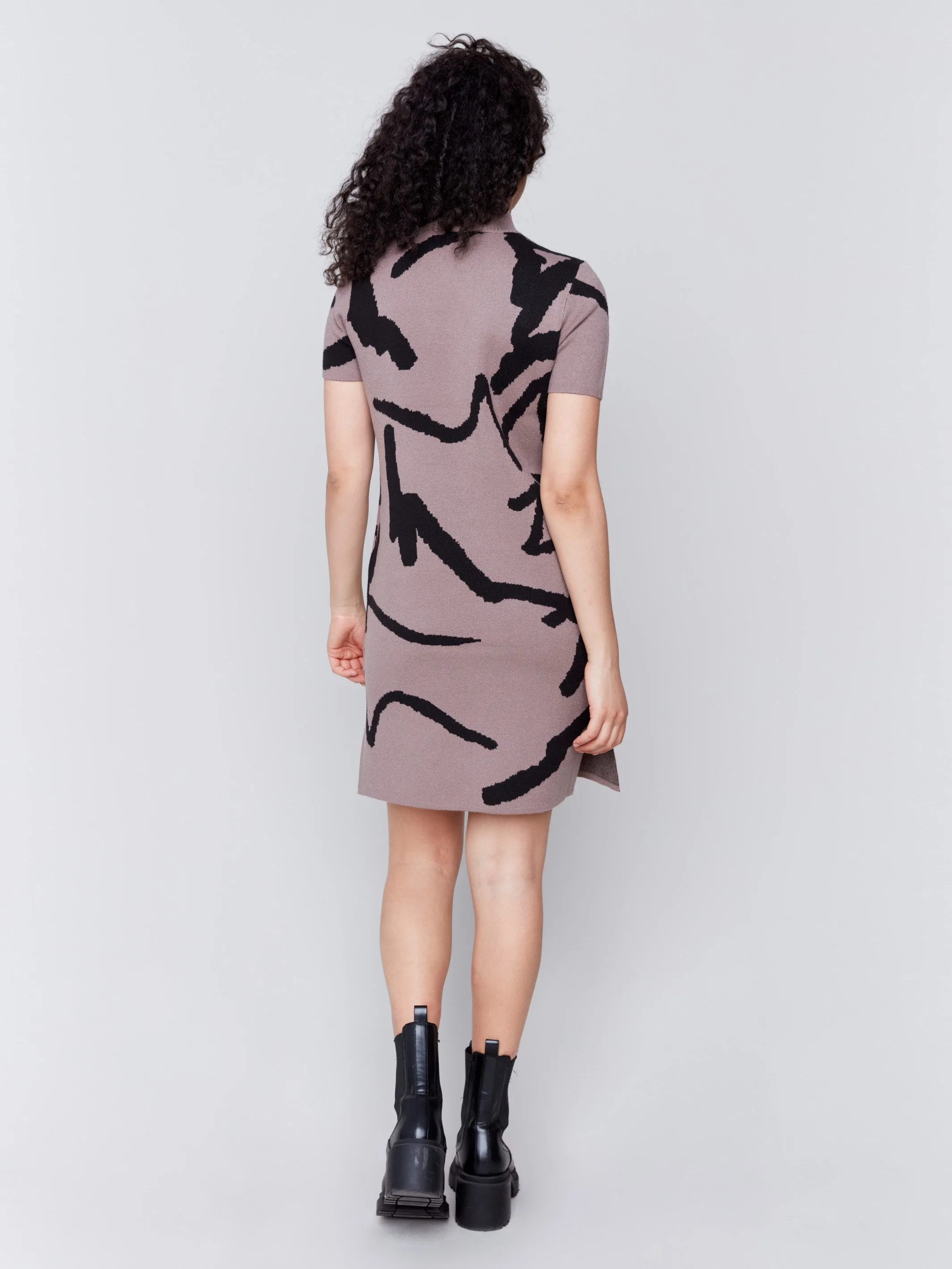 Short-Sleeve Mock Neck Sweater Dress - Scribble