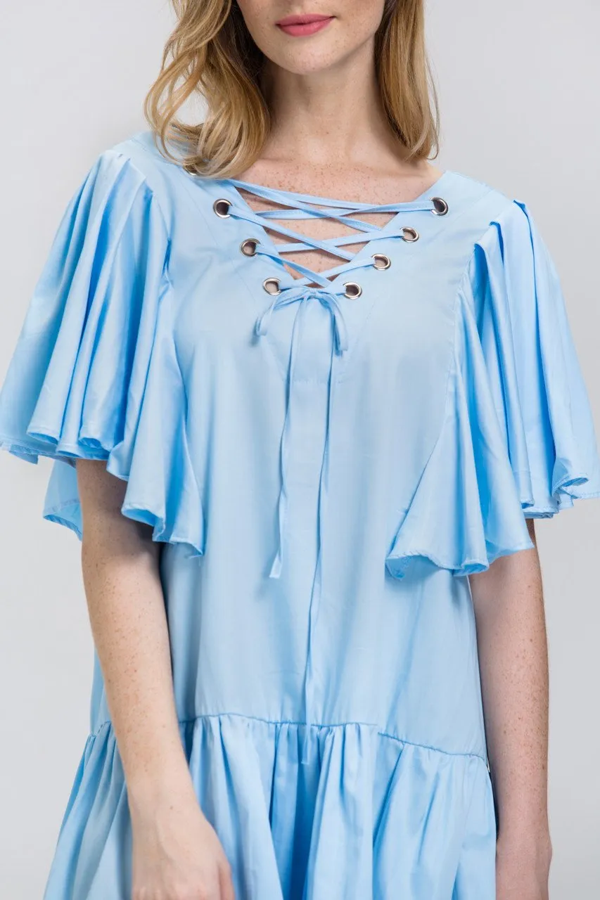 Sky Blue V-Lace Up Ruffled Tunic Mini Dress