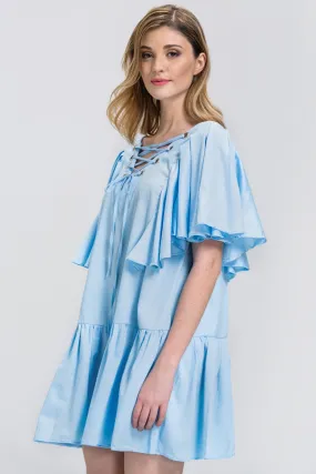 Sky Blue V-Lace Up Ruffled Tunic Mini Dress