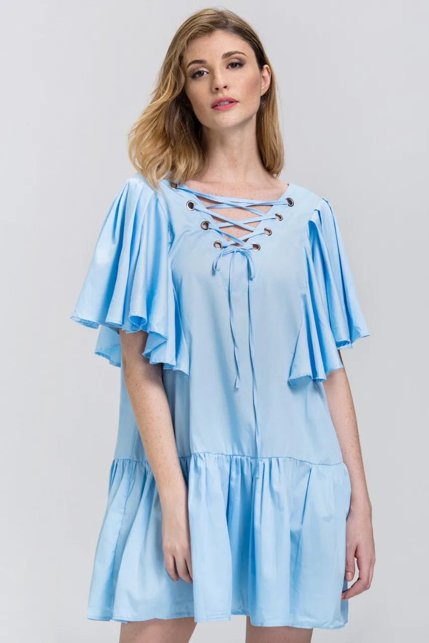 Sky Blue V-Lace Up Ruffled Tunic Mini Dress