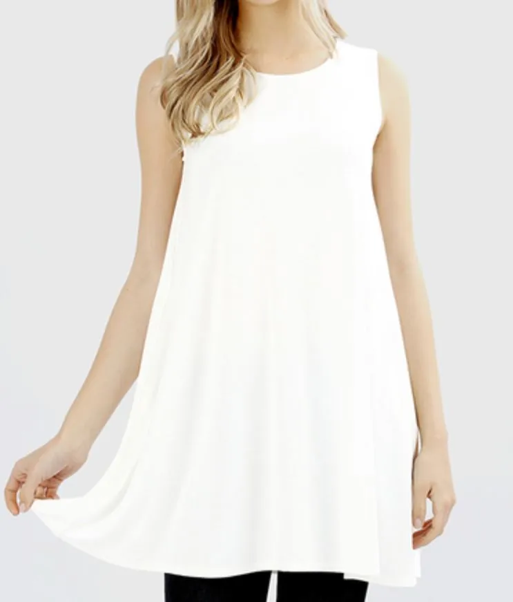 Sleeveless Swing Tunic with Pockets - White