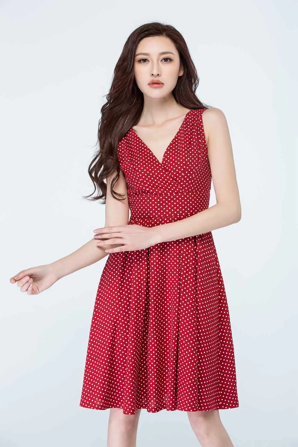 Sleeveless v-neck summer polka dot dress 1706