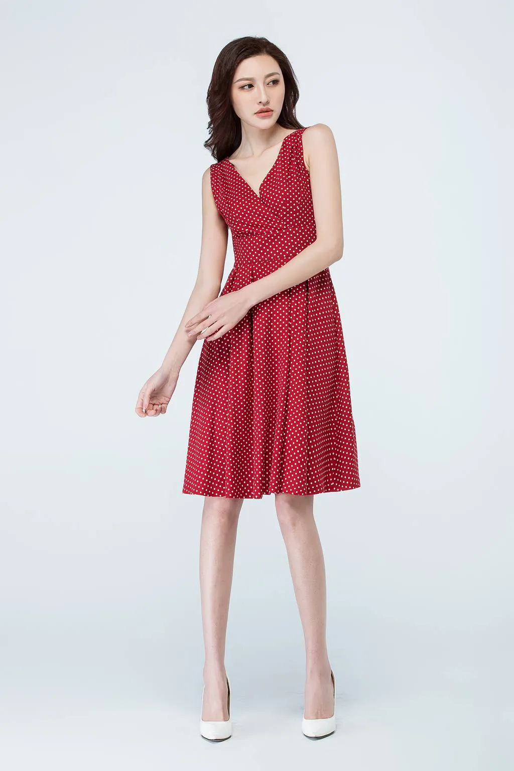 Sleeveless v-neck summer polka dot dress 1706