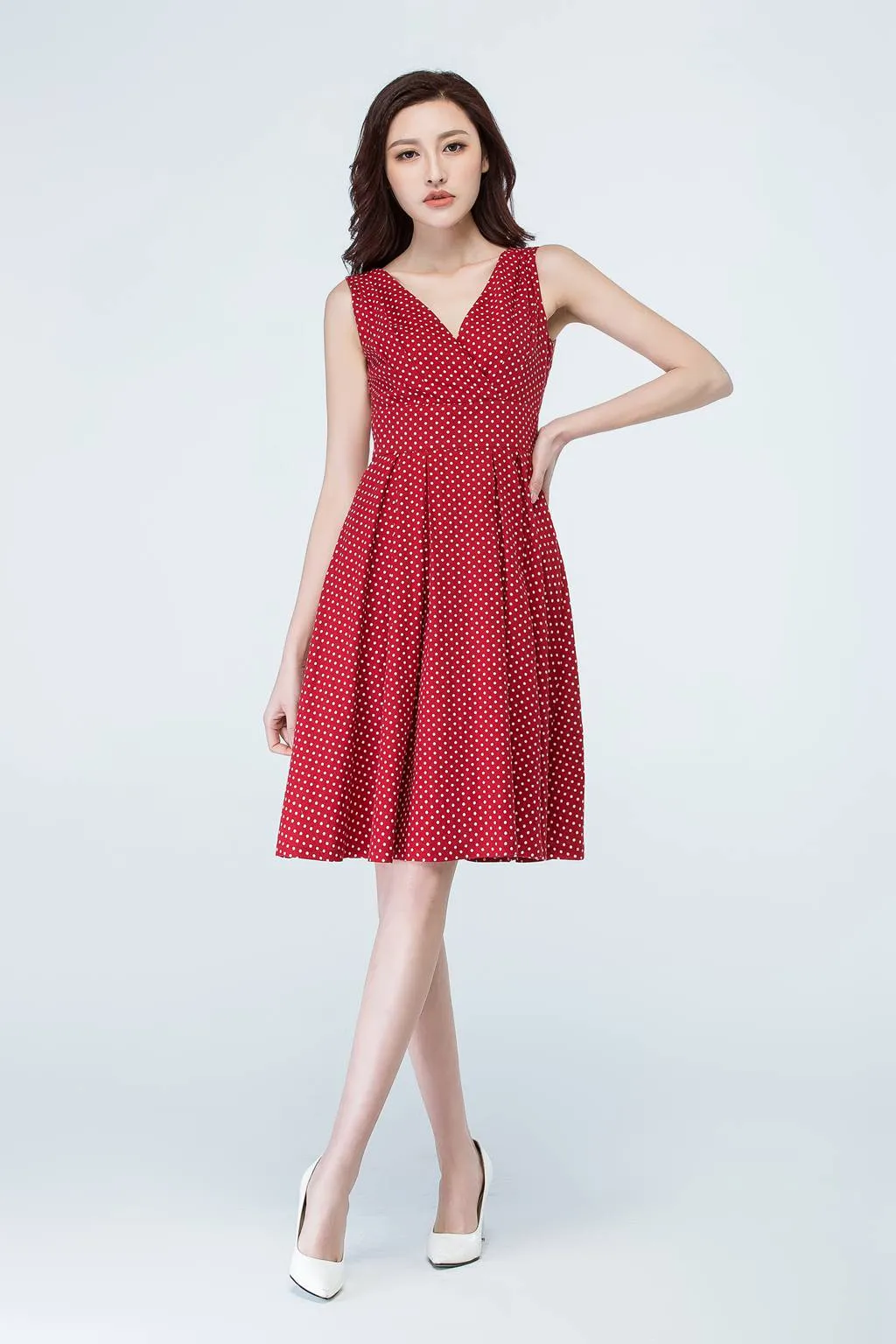 Sleeveless v-neck summer polka dot dress 1706