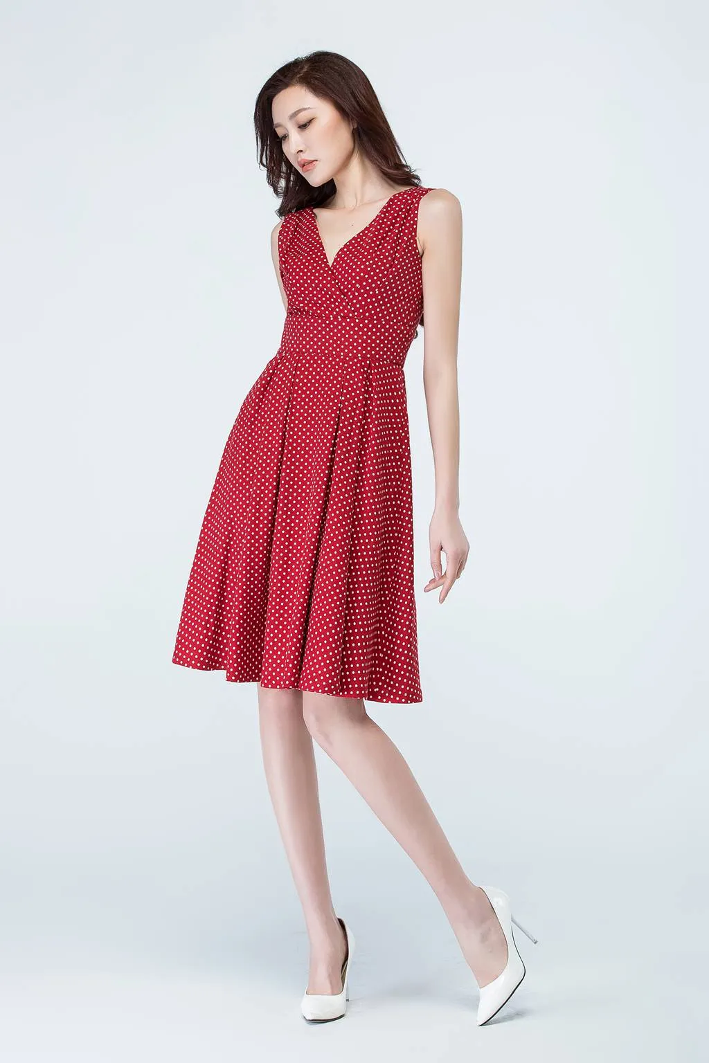 Sleeveless v-neck summer polka dot dress 1706