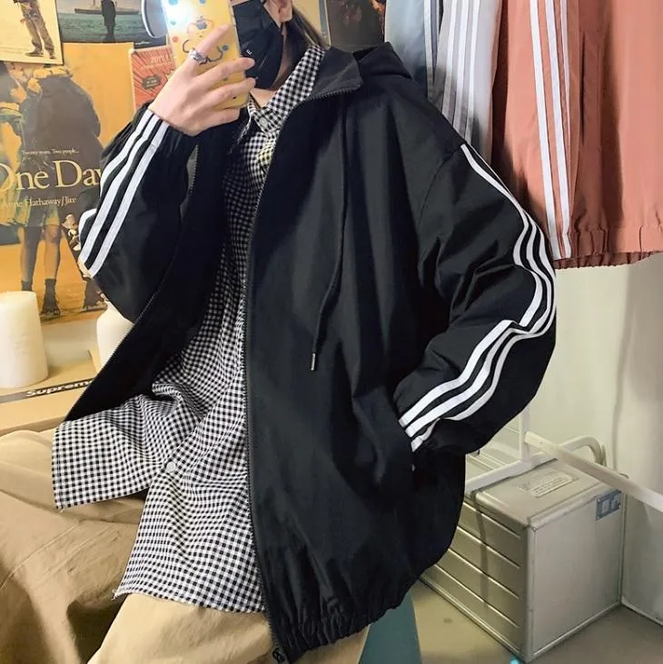 Sporty Triple Stripes Hooded Loose Windbreaker Jacket