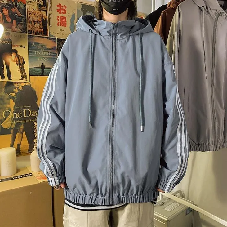 Sporty Triple Stripes Hooded Loose Windbreaker Jacket