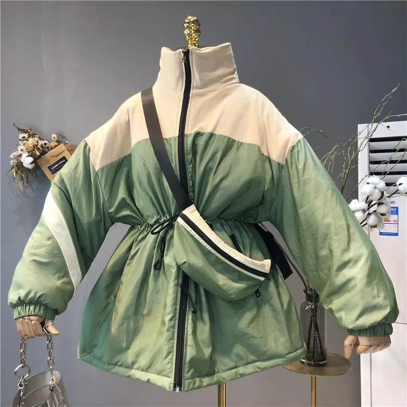 Sporty Windbreaker Retro Style Elastic Waist Long Jacket