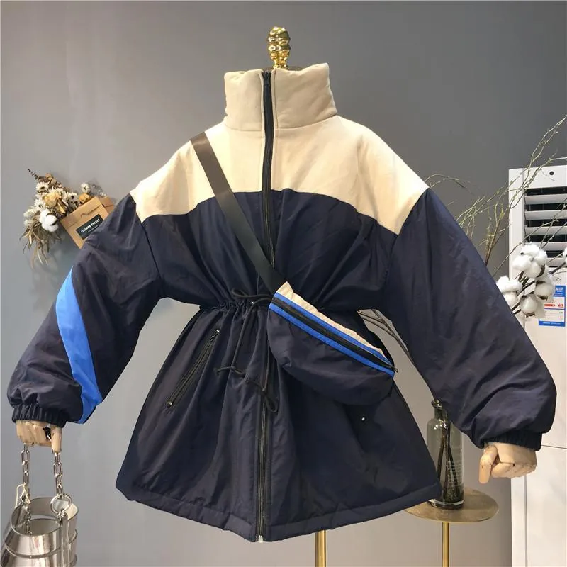 Sporty Windbreaker Retro Style Elastic Waist Long Jacket