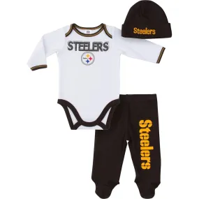 Steelers Baby Boy Bodysuit, Footed Pant and Cap Set