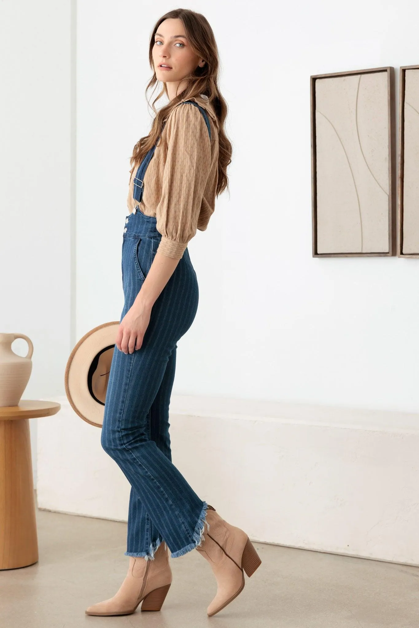 Striped Patter Stretched Suspender Denim Jumpsuit