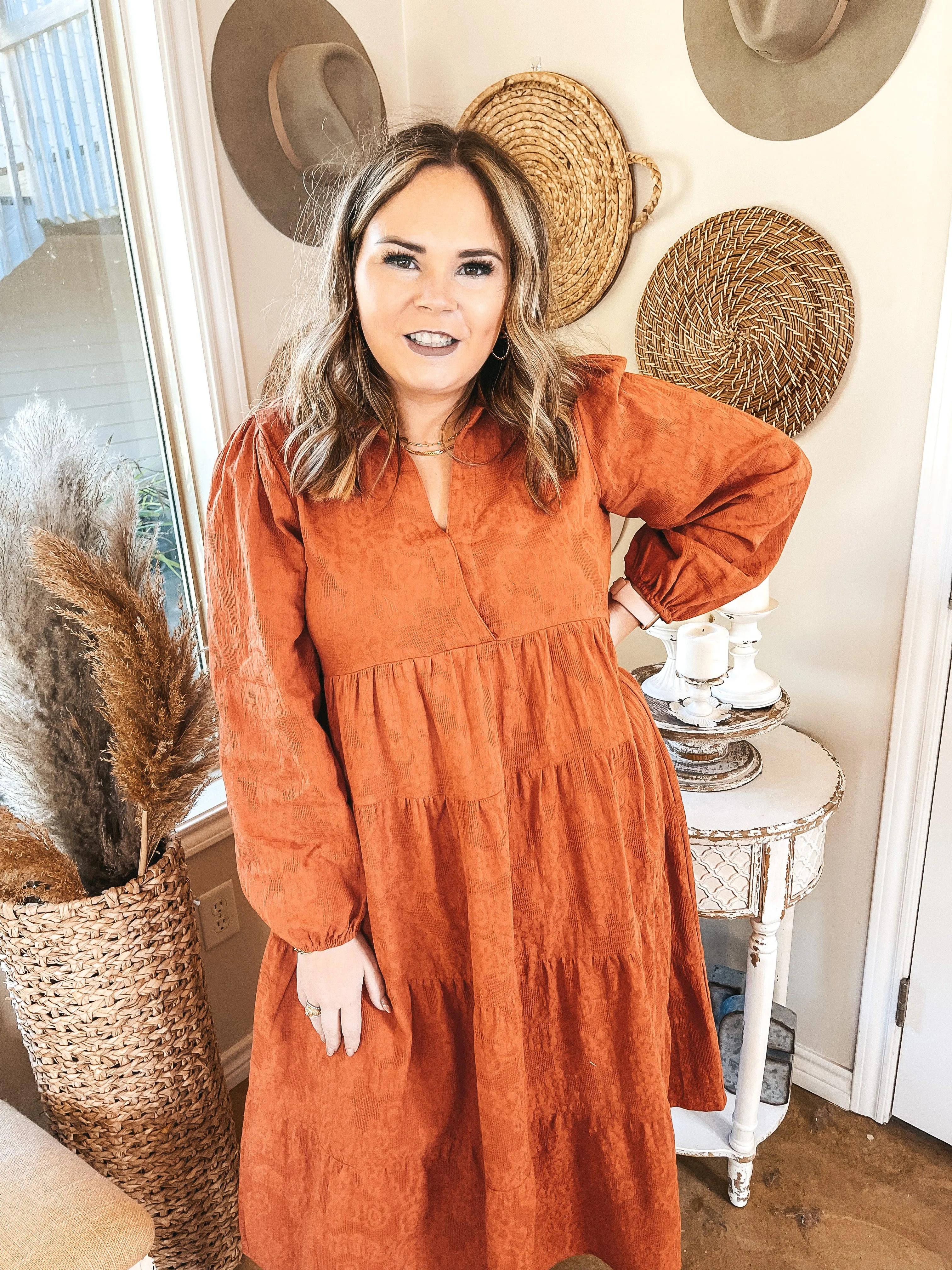 Sweet Glances Long Sleeve Tiered Midi Dress in Rust Orange