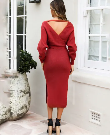 TastyHottie - Long skirt sexy V-neck sweater knit dress