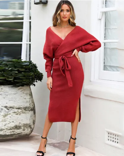 TastyHottie - Long skirt sexy V-neck sweater knit dress