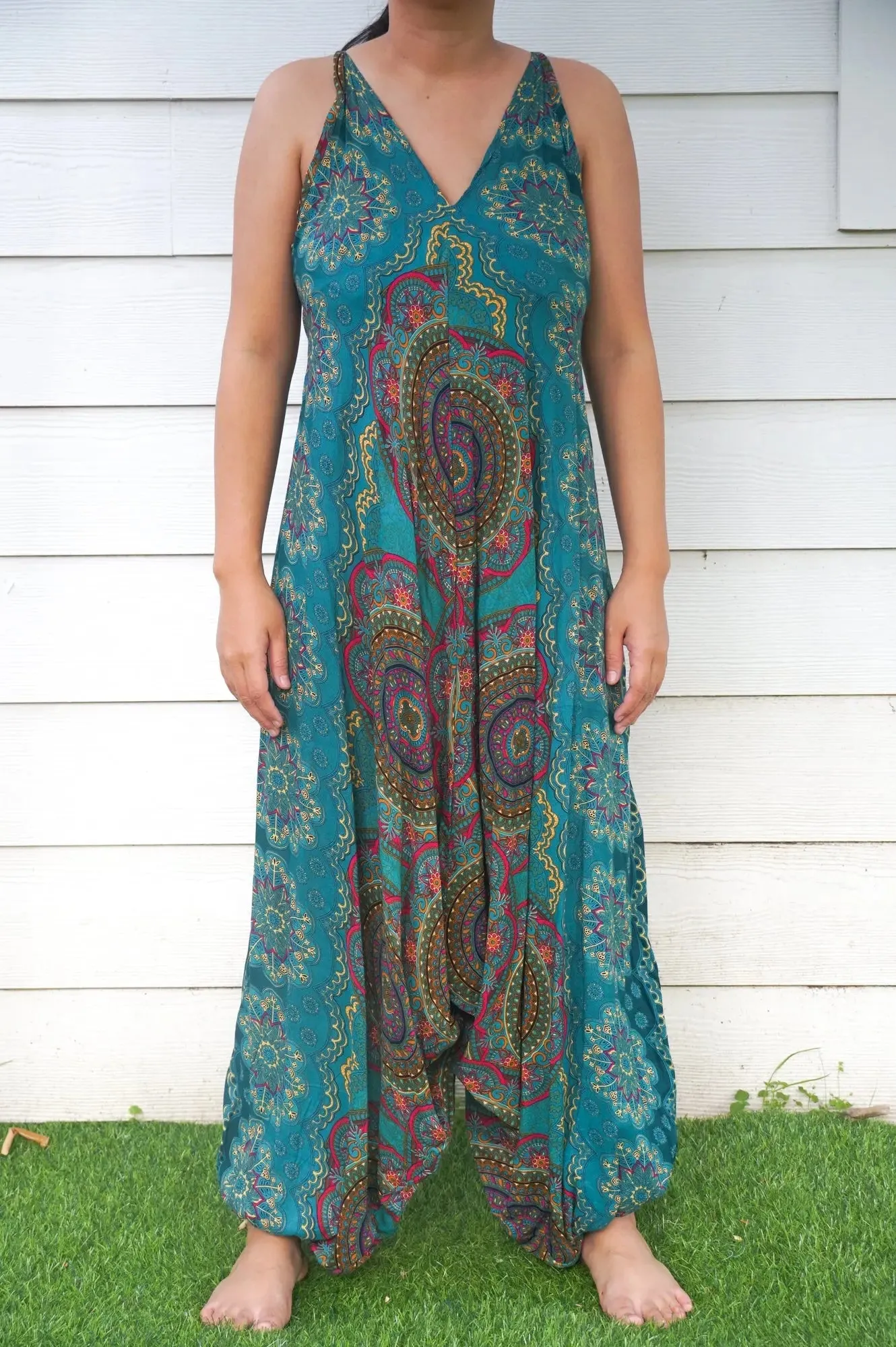 Teal Bohemian Mandala Summer Harem Romper - Stylish Festival Jumpsuit