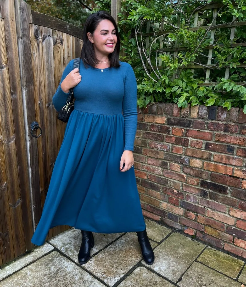 Teal Knitted Bodice Midi Dress