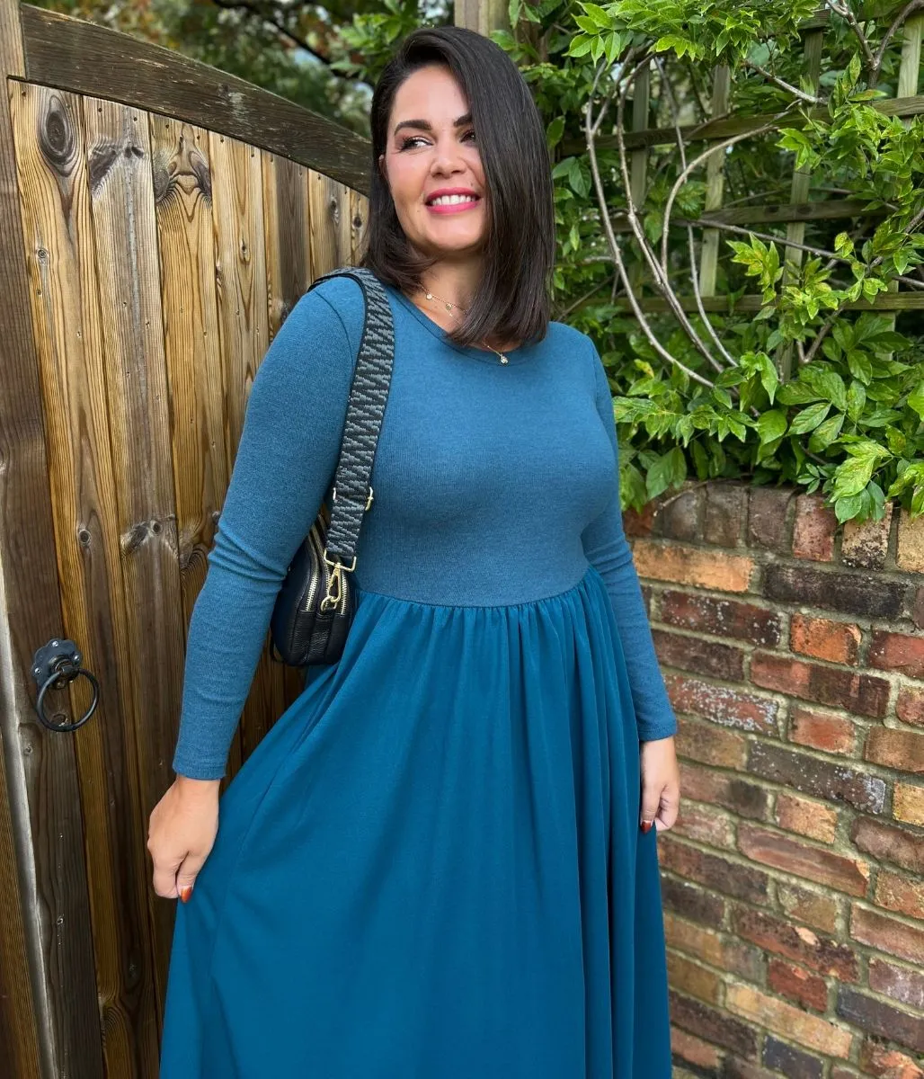 Teal Knitted Bodice Midi Dress