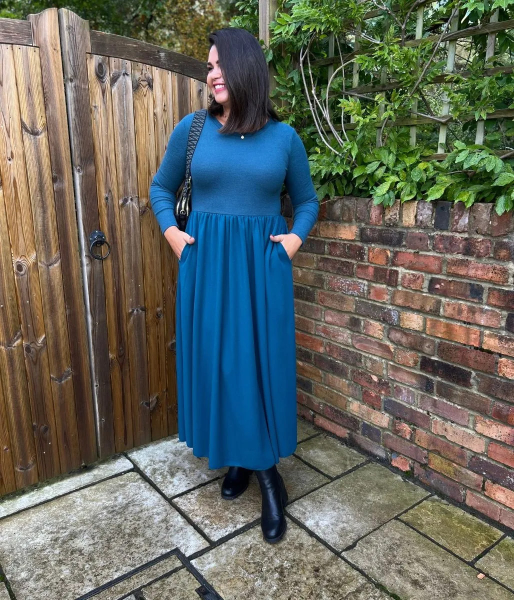 Teal Knitted Bodice Midi Dress