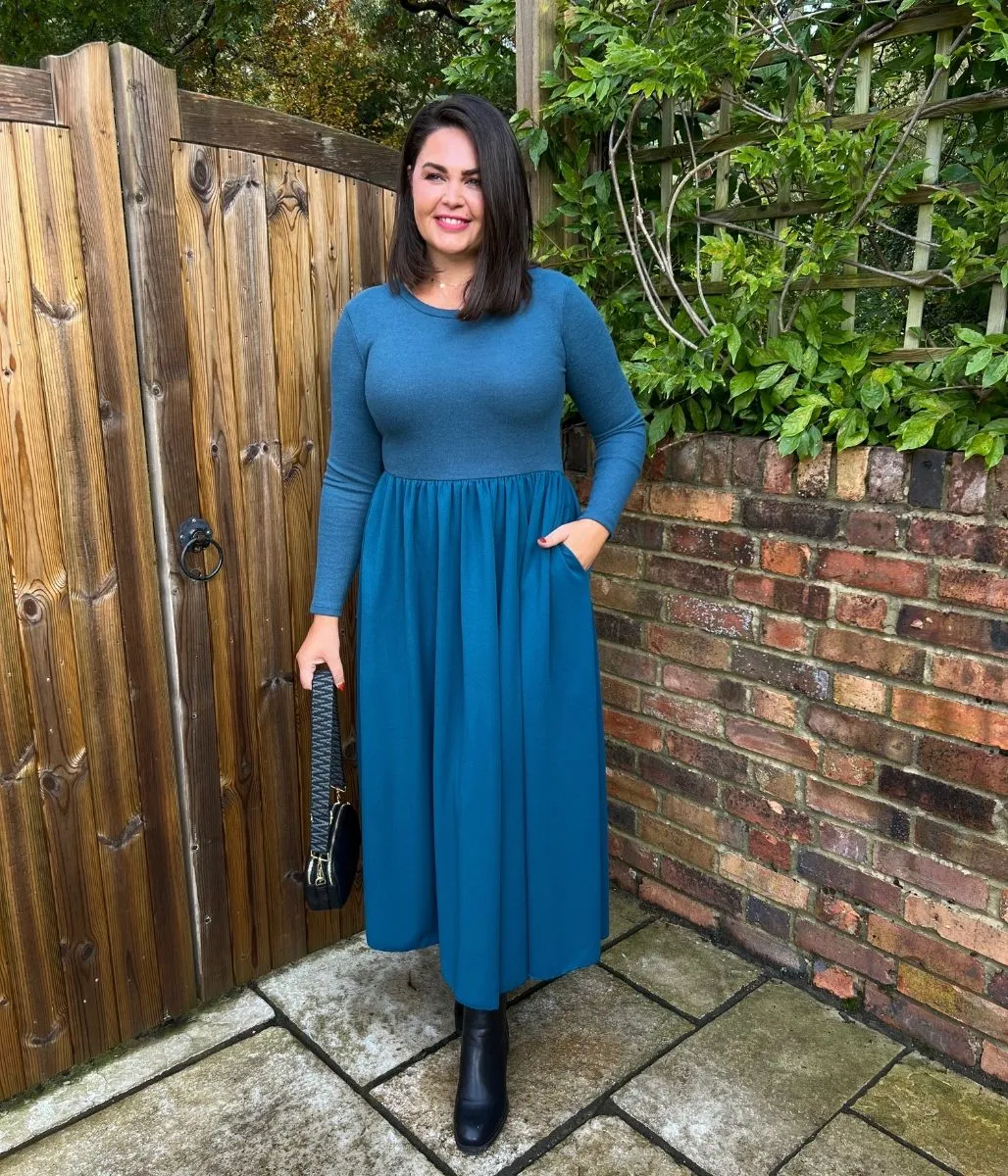 Teal Knitted Bodice Midi Dress