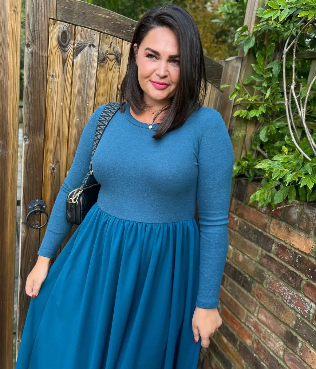 Teal Knitted Bodice Midi Dress