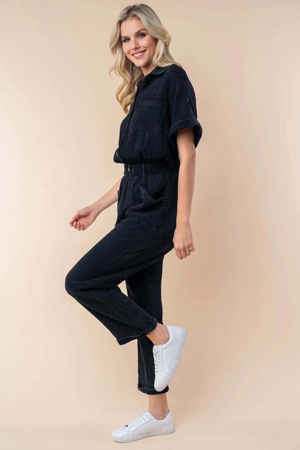 Texture Short Sleeve Jumpsuit