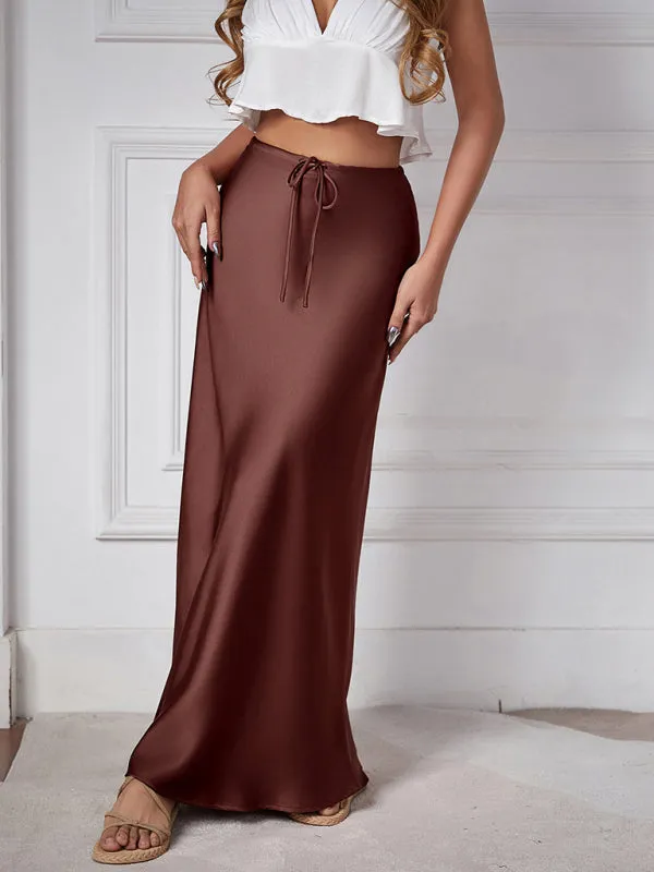 Trendy Satin Midi Skirt with Adjustable Drawstring