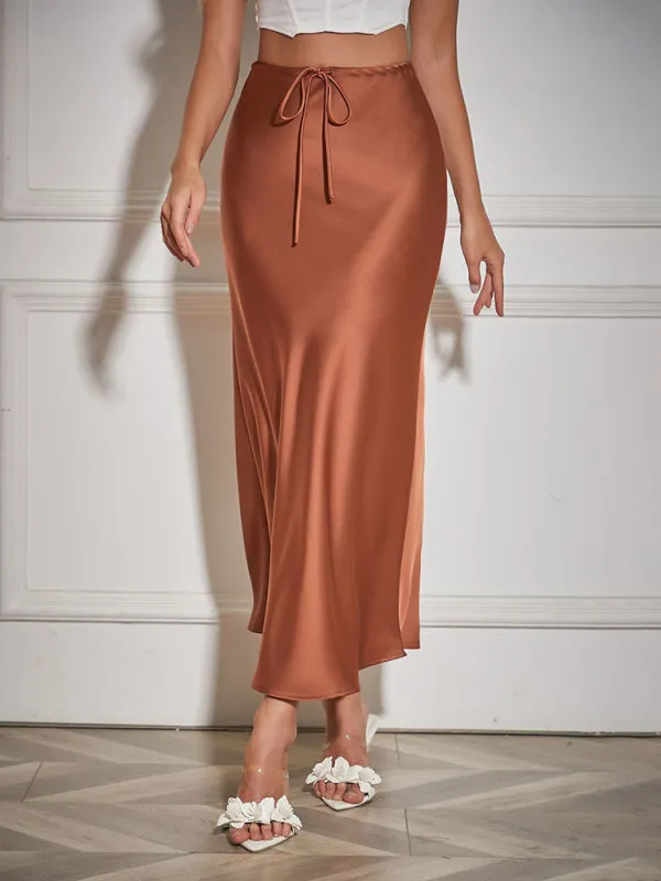 Trendy Satin Midi Skirt with Adjustable Drawstring