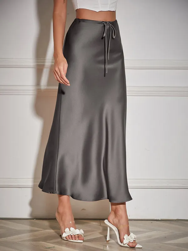 Trendy Satin Midi Skirt with Adjustable Drawstring