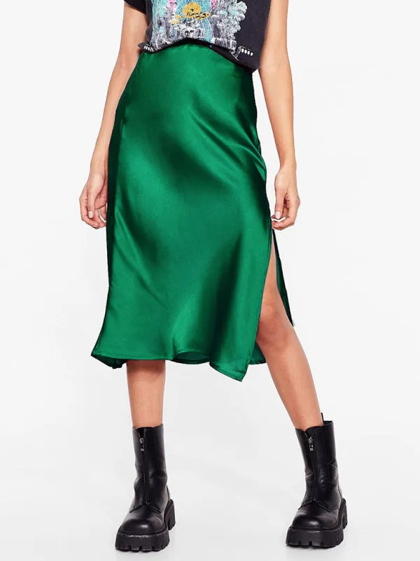 Trendy Satin Midi Skirt with Side Slit Detail