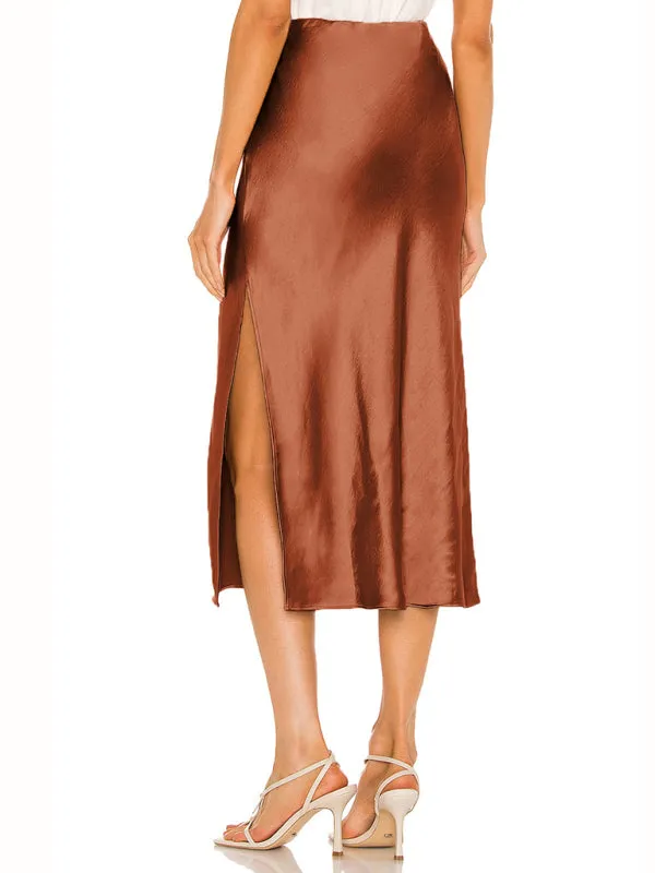 Trendy Satin Midi Skirt with Side Slit Detail