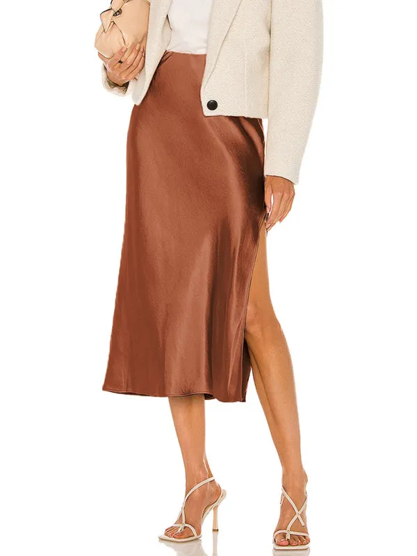 Trendy Satin Midi Skirt with Side Slit Detail