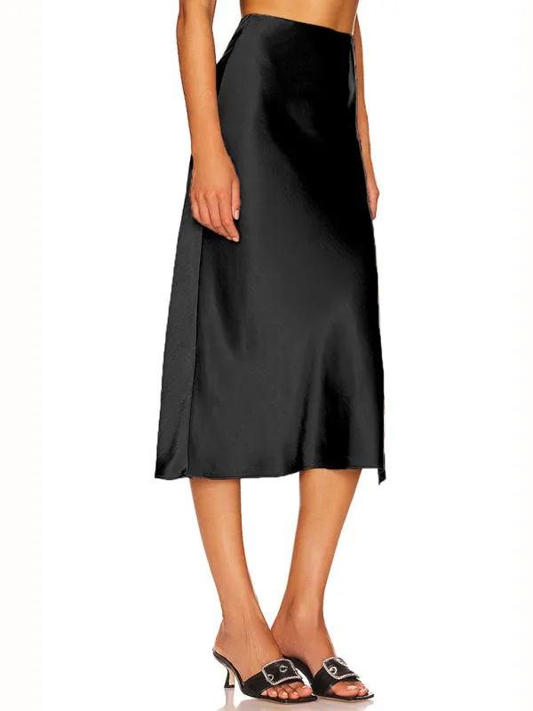 Trendy Satin Midi Skirt with Side Slit Detail