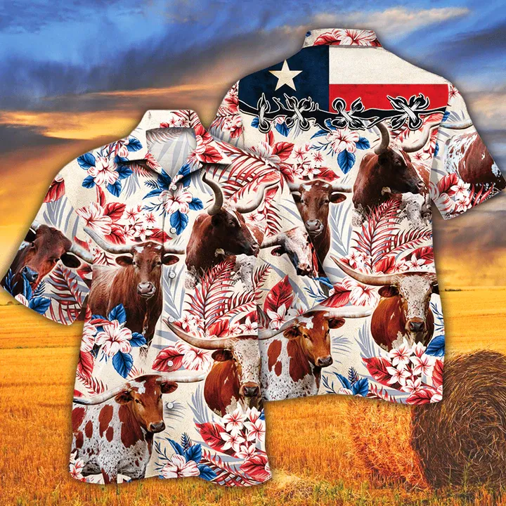 Tx Longhorn Cattle Lovers Texas Flag Hawaiian Shirt, Cow Hawaiian shirt vintage flower, Hawaiian shirt men, Hawaiian shirt women