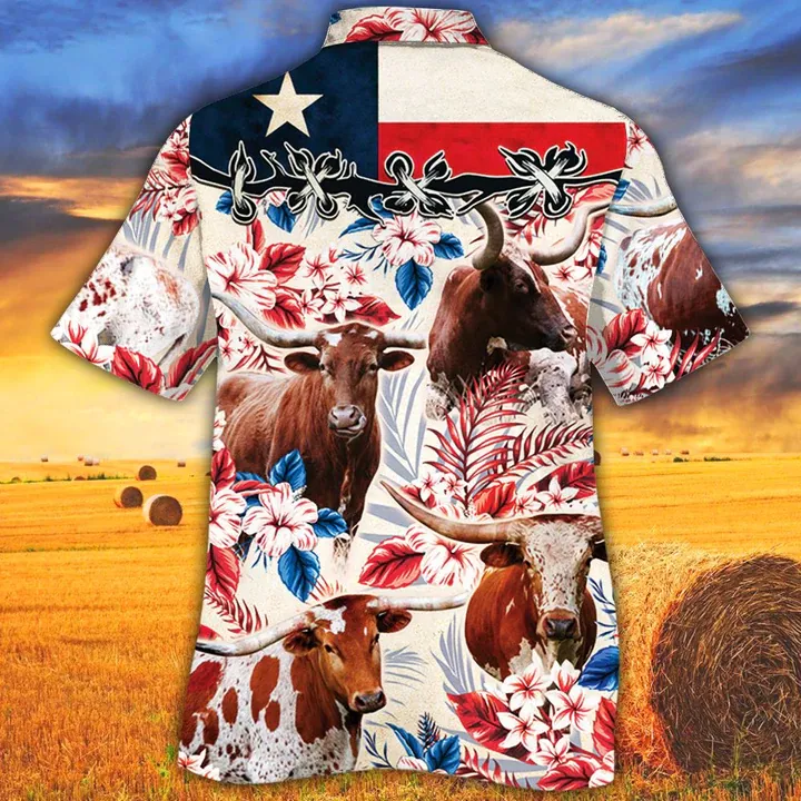 Tx Longhorn Cattle Lovers Texas Flag Hawaiian Shirt, Cow Hawaiian shirt vintage flower, Hawaiian shirt men, Hawaiian shirt women