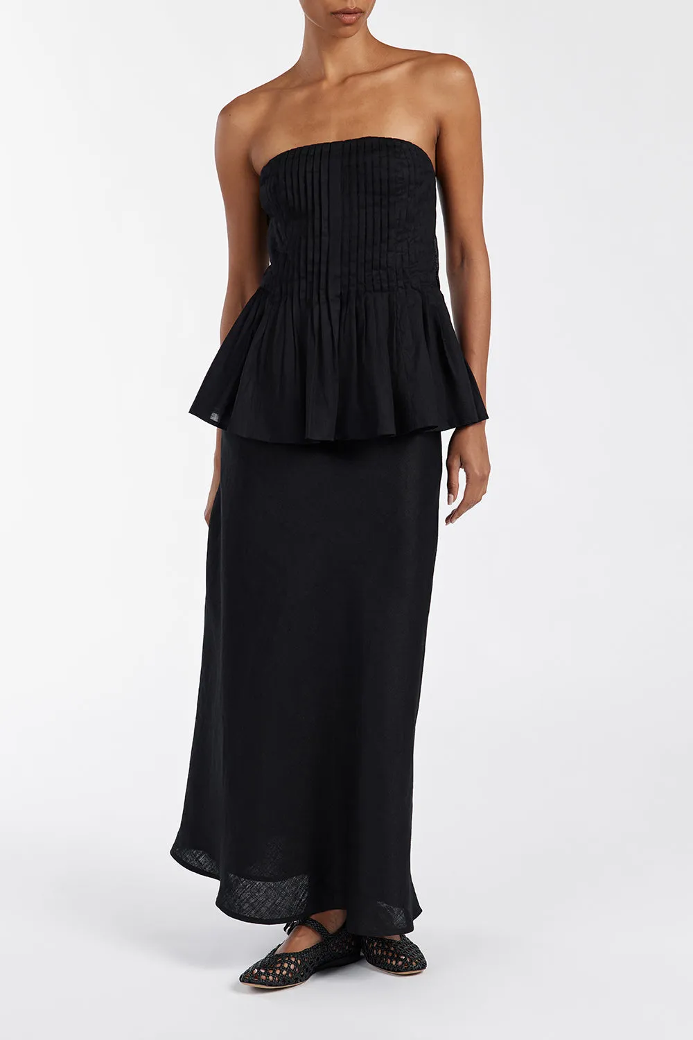 TYRA BLACK LINEN MIDI SKIRT