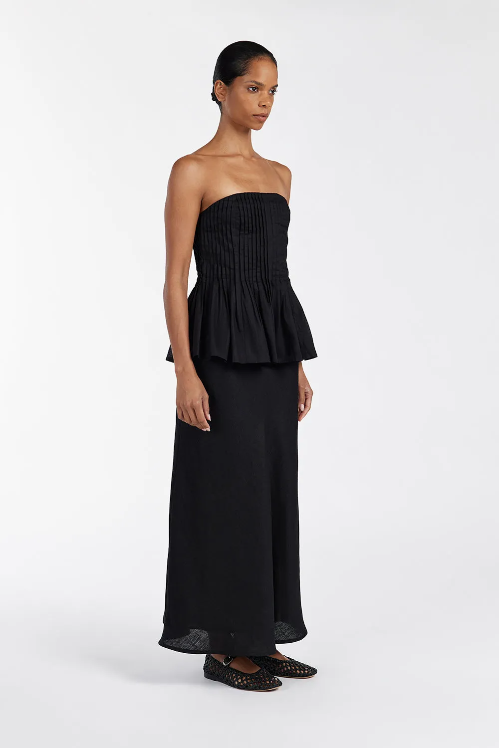 TYRA BLACK LINEN MIDI SKIRT