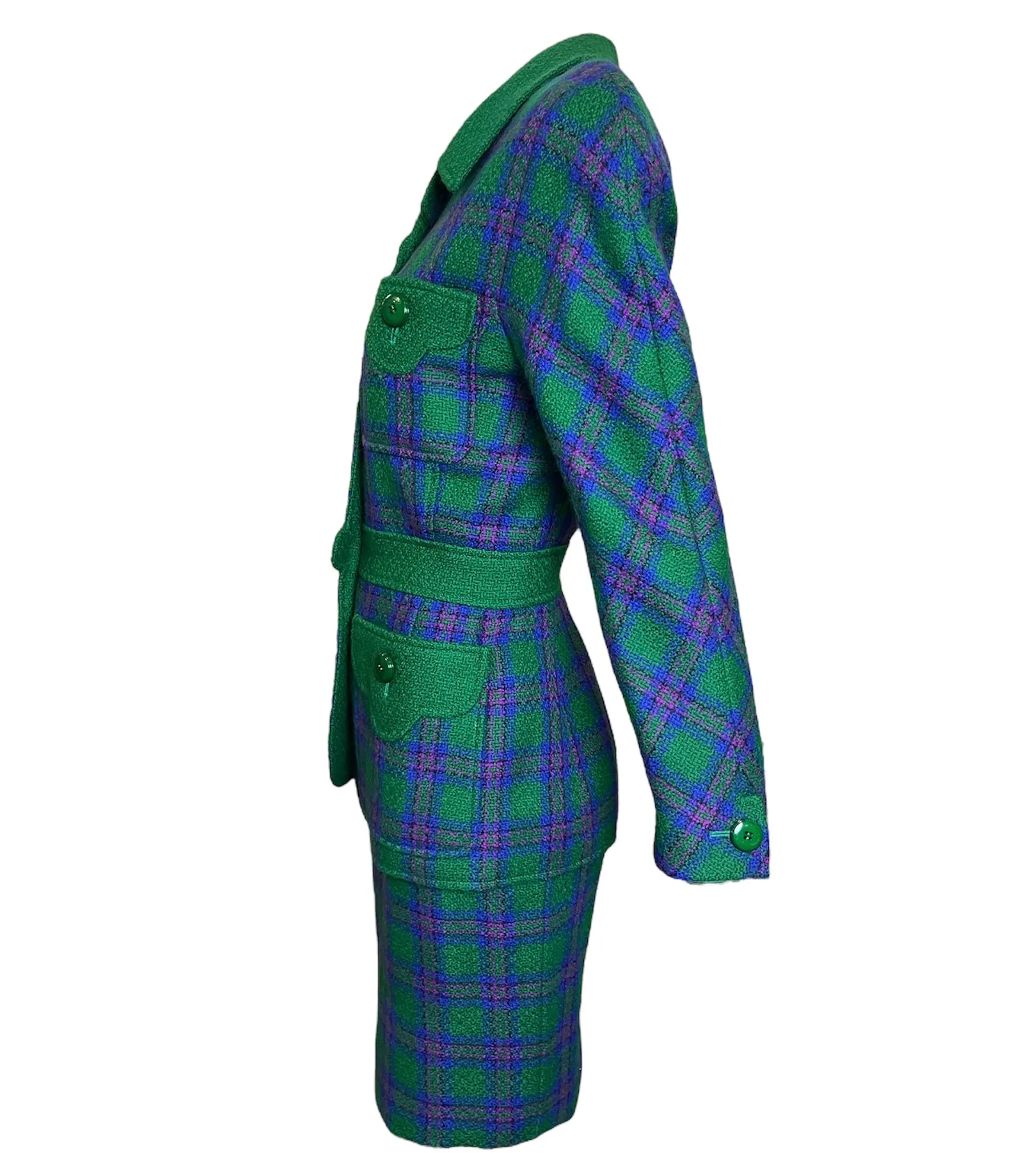 Valentino Boutique 80s Green, Purple and Fuschia Plaid Skirt Suit Ensemble