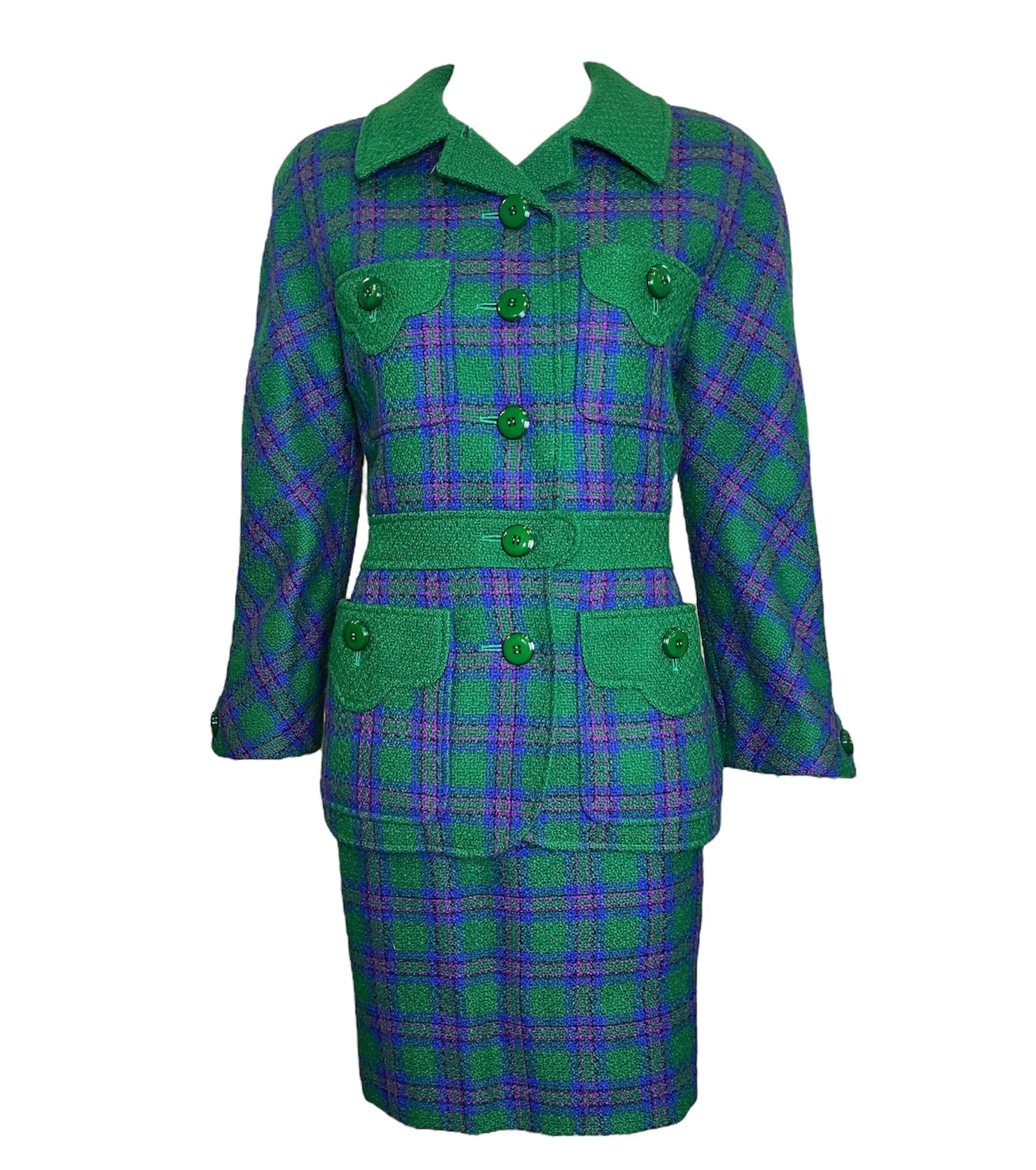 Valentino Boutique 80s Green, Purple and Fuschia Plaid Skirt Suit Ensemble